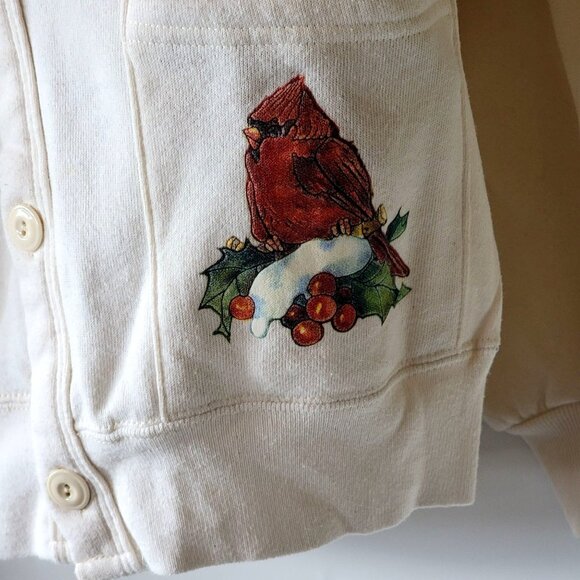 Vintage 90s Jerzees Cream Cardigan With Festive Cardinal & Holly Print Design - Picture 8 of 14